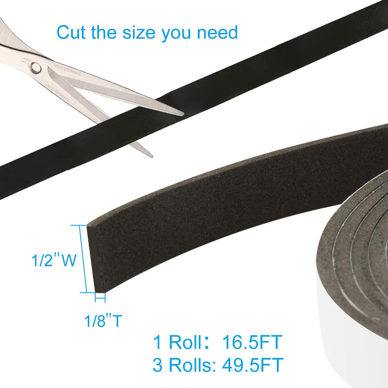  [AUSTRALIA] - Seal Foam Tape,1/2 Inch W x 1/8 Inch T Weather Stripping for Door and Window,High Density Single Sided Closed Cell Door Insulation Weather Strip, 3 Rolls Total 50FT Black 1/2"W x 1/8"T x 50FT