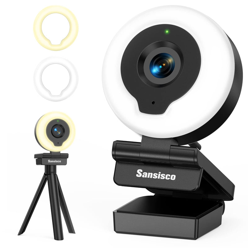 [AUSTRALIA] - Webcam with Ring Light, Sansisco AutoFocus FHD 1080P Webcam with Microphone, 2 Colors and 3-Level Brightness, Plug and Play Computer Camera, Streaming Web Camera for Laptop MacBook PC for Zoom, Skype