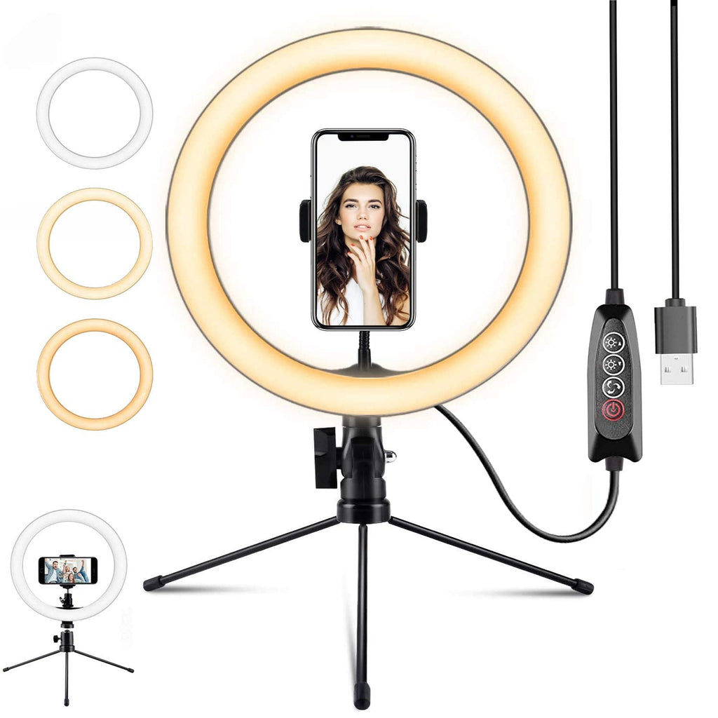  [AUSTRALIA] - BESROY LED Ring Fill Light 10" with Tripod Stand and Phone Holder for Live Streaming&YouTube Video, Dimmable Desk Makeup Ring Light for Photography, Shooting with 3 Light Modes&10 Brightness Level