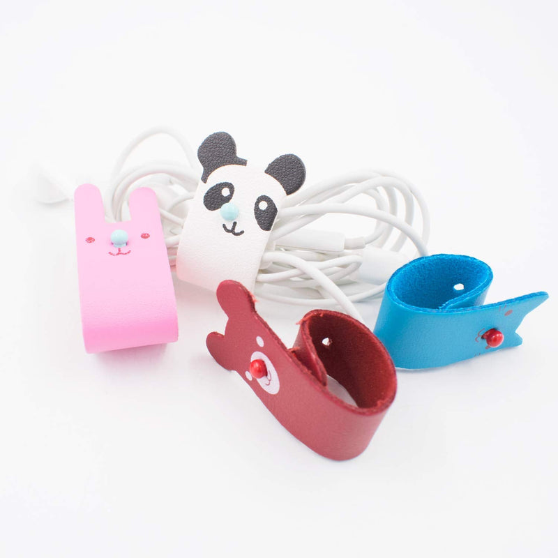  [AUSTRALIA] - 4 PCS Organizer Cord Leather Cable Straps Management Ties for USB Headphone Wire Cute Cartoon Pattern Keeper Holder Straps Earbud Case Wrap Headset Winder Phone Clips For Home Office School