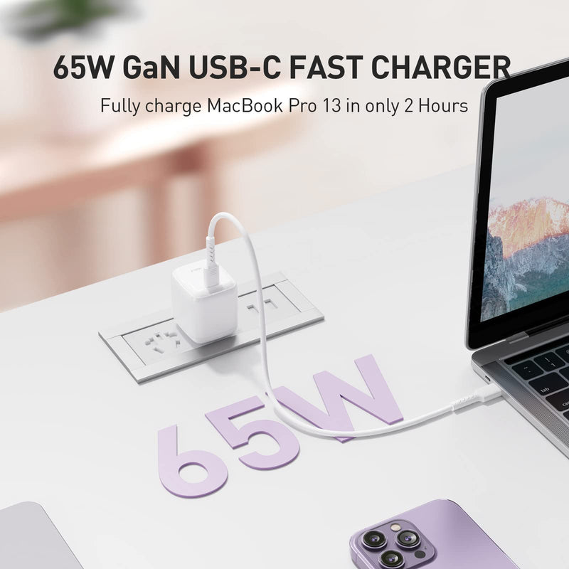  [AUSTRALIA] - iWALK Leopard GaN 65W Laptop Charger, PPS USB C Fast Charging Power Adaptor Compatible with MacBook Pro/Air, iPad Air/Pro, iPhone 14/13/12, Galaxy S22/S21, Dell XPS 13, Pixel, Switch More(2 Cables) White