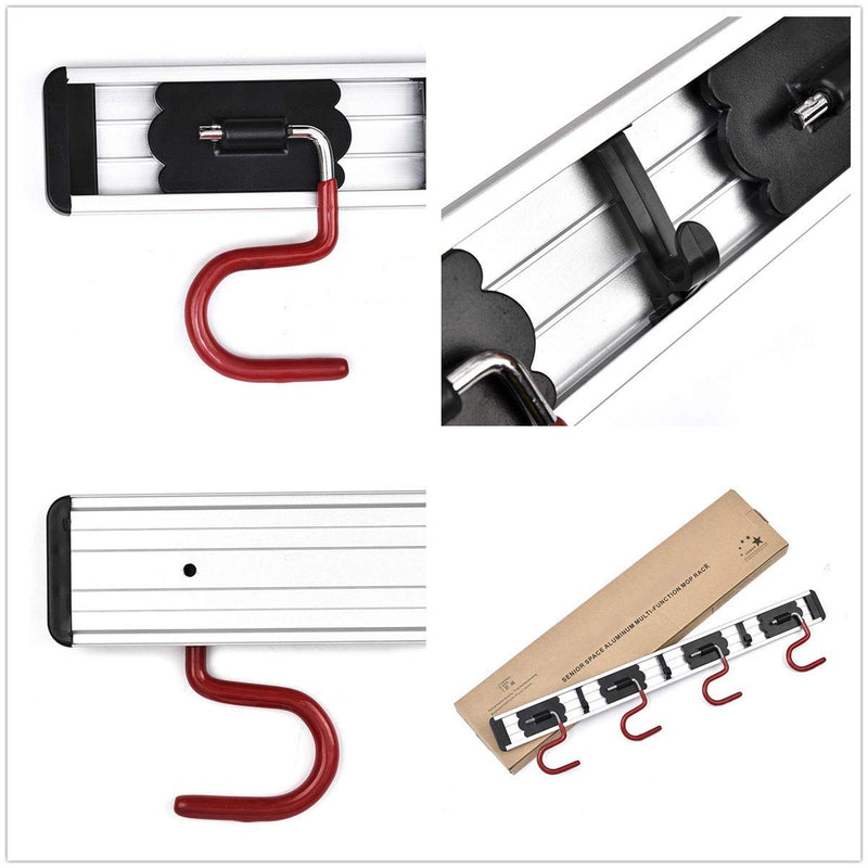  [AUSTRALIA] - QBOSO Wall Mounted Mop and Broom Holder Stainless Steel S Type Broom Rack Anti-Slip Mop Organizer (17 Inches ,4 Positions 3 Hooks , Red black)