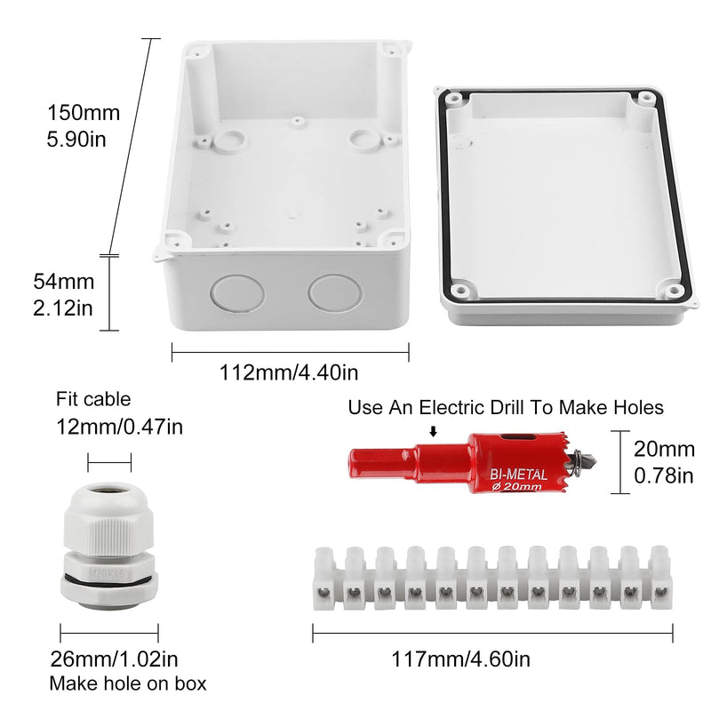  [AUSTRALIA] - CPROSP junction box waterproof IP65 wet room boxes surface-mounted junction box 150x110x70mm for Ø6-12 mm, with 10x cable glands, with hole saw 20mm 1 piece. IP65 - white - M20 - 150x110x70mm