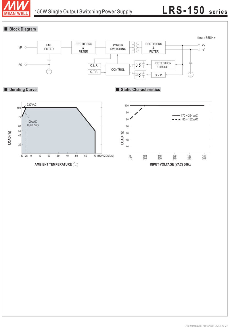  [AUSTRALIA] - Mean Well LRS-150-24 Switching Power Supply, Single Output, 24V, 6.5A, 156W, 6.26" L x 3.82" W x 1.18" H