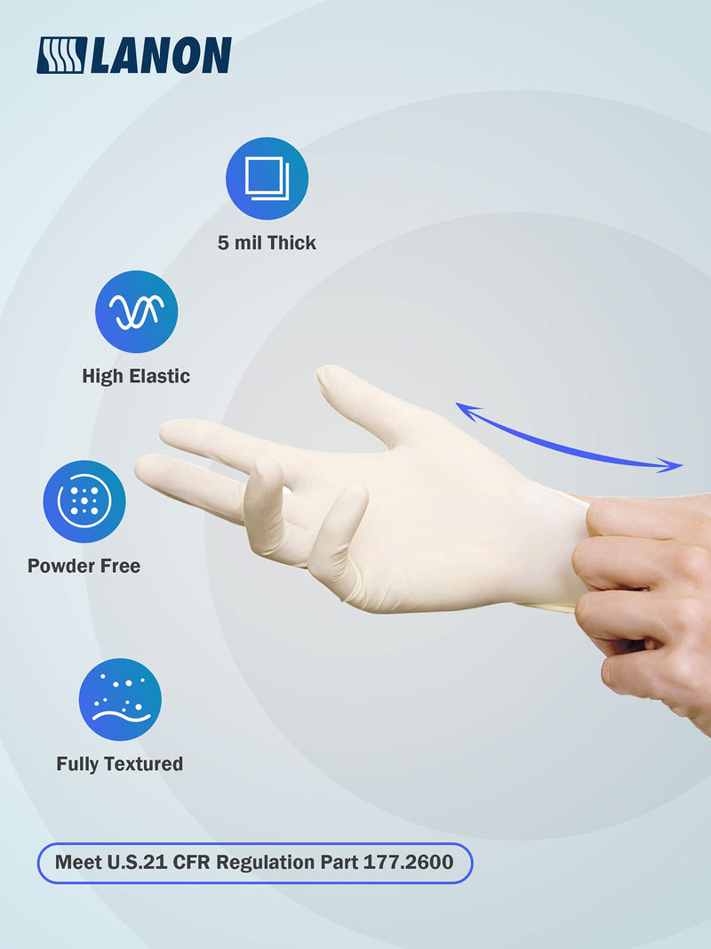  [AUSTRALIA] - LANON 100 Count Latex Disposable Gloves, 5 mil, Food Contact Grade, Fully Textured, White, Large Size 8 (Pack of 100) Pristine White