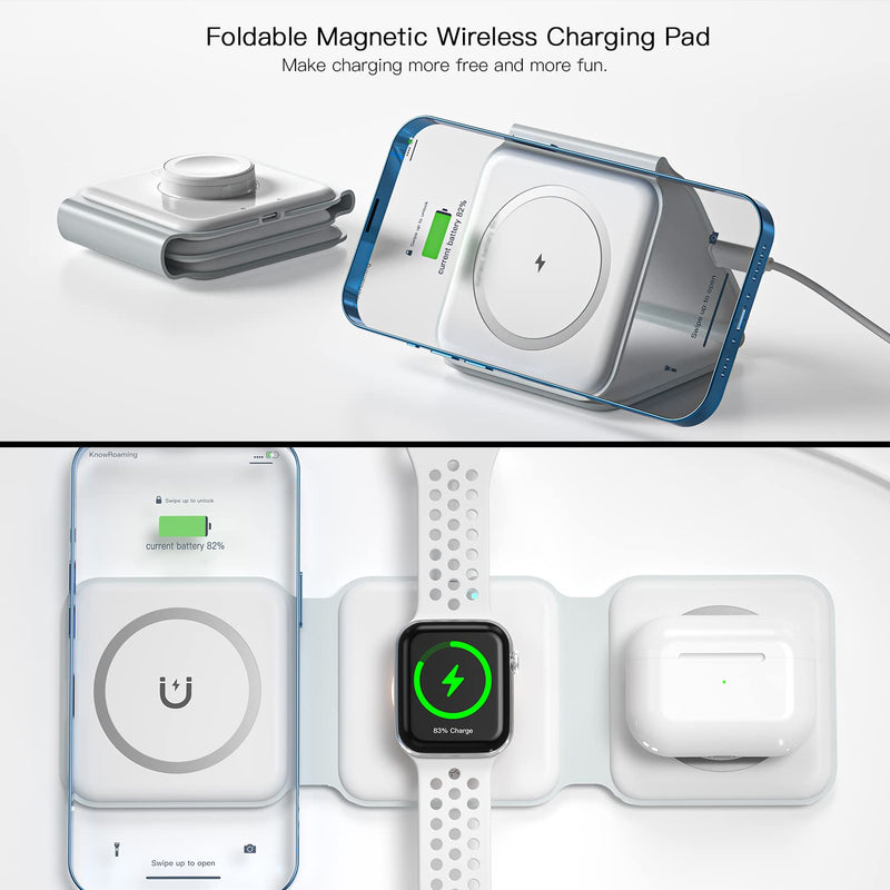  [AUSTRALIA] - 3 in 1 Foldable Wireless Charger, ESSAGER Magnetic Charging Station, Wireless Fast Charging Pad, Compatible with iPhone 14/13/12, Airpods 3/2/Pro, iWatch(Three Pad for Phone&iWatch&Airpods) White - Phone&iWatch&Airpods