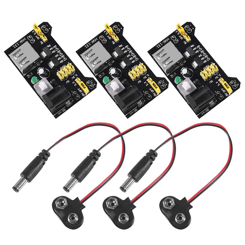  [AUSTRALIA] - ALAMSCN 3.3V 5V MB102 Solderless Breadboard Power Supply Module with 9V Battery Clip Power Cable 2.1x 5.5mm Male DC Jack Plug for Arduino (Pack of 3)