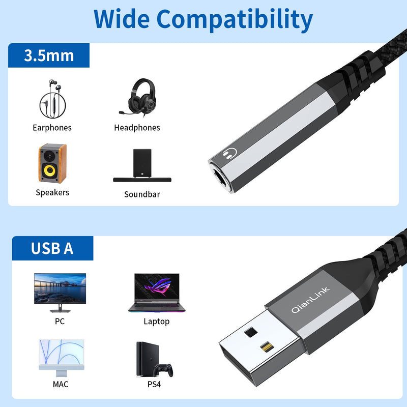  [AUSTRALIA] - USB to 3.5mm Jack Audio Adapter (2-Pack), USB to Audio Jack Adapter Headset, USB-A to 3.5mm TRRS 4-Pole Mic Female, External Stereo Sound Card for Headphone, Mac, PS4, PS5, PC, Laptop, Desktops