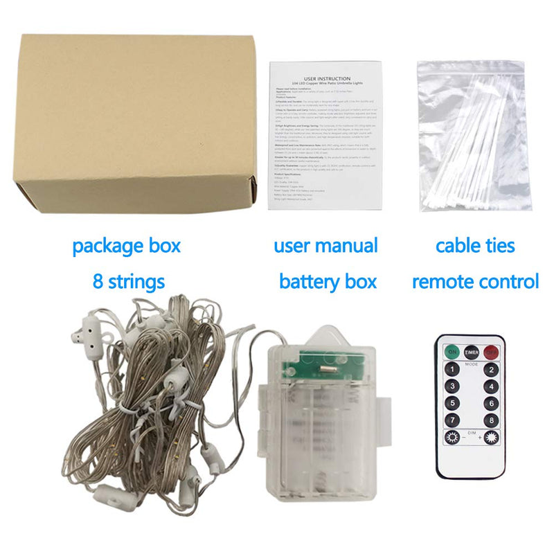  [AUSTRALIA] - Patio Umbrella Lights PULIVIA Strings Lights 104 LEDs 8 Lighting Modes with Remote Control, Battery Operated Waterproof Umbrella Lights for Indoor Outdoor, Warm White Battery not Included Warm White-yellow