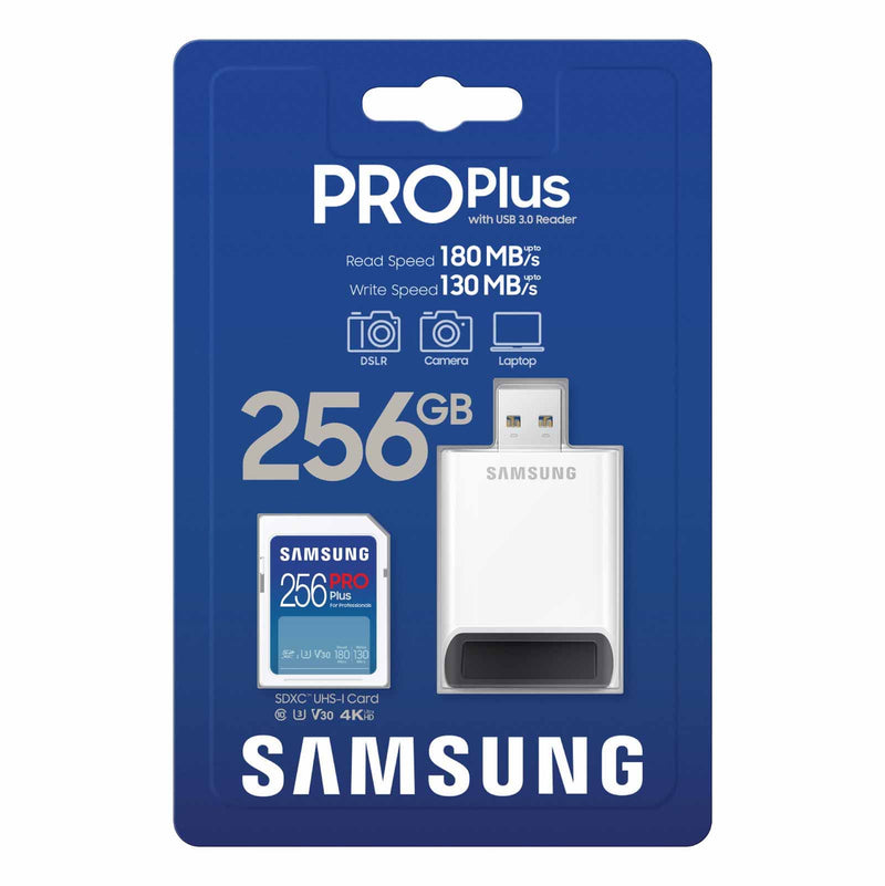  [AUSTRALIA] - SAMSUNG PRO Plus Full Size 256GB SDXC Memory Card + Reader, Up to 180 MB/s, Full HD & 4K UHD, UHS-I, C10, U3, V30 for DSLR, Mirrorless Cameras, PCs, MB-SD256SB/AM, 2023 New Full Size SD PRO Plus/Reader Read/Write 180/130MB/s