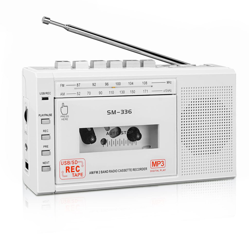  [AUSTRALIA] - Portable Cassette Player Recorder, Cassette to MP3 Digital Converter, USB and Micro SD Card MP3 Player Recorder, Powered by AC or 4 AA Battery AM FM Radio Tape Walkman, Build-in Speaker and Microphone White