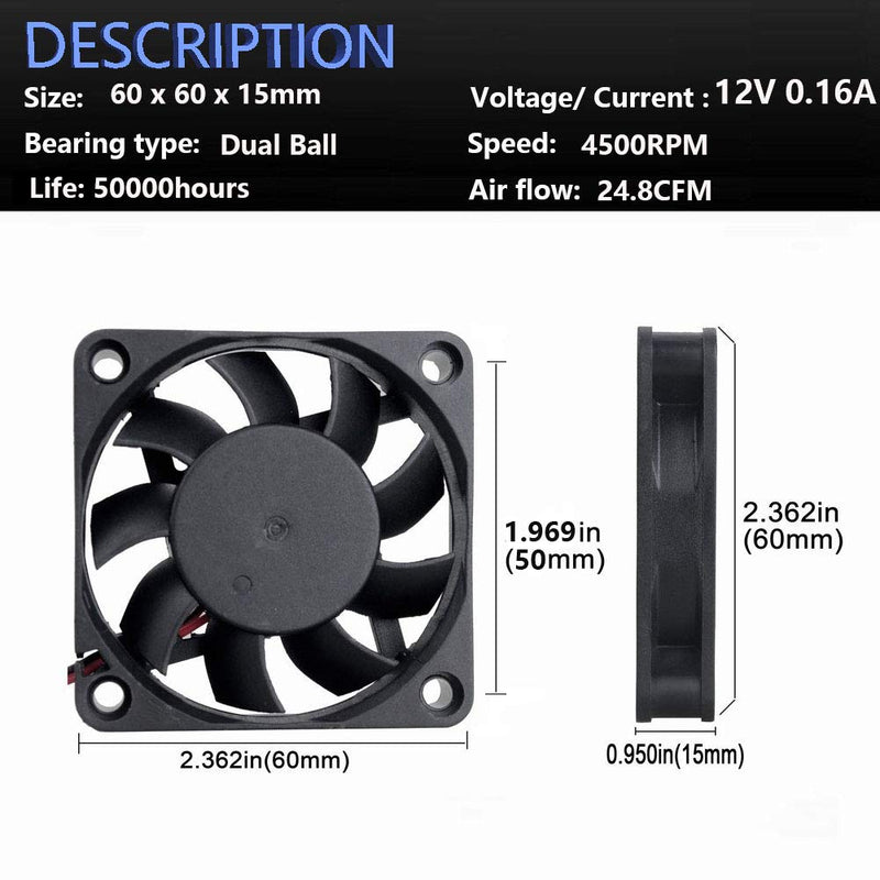  [AUSTRALIA] - Wathai 60x60x15mm 60mm 12V Dual Ball 2Pin High Speed DC Exaust Cooling Fan