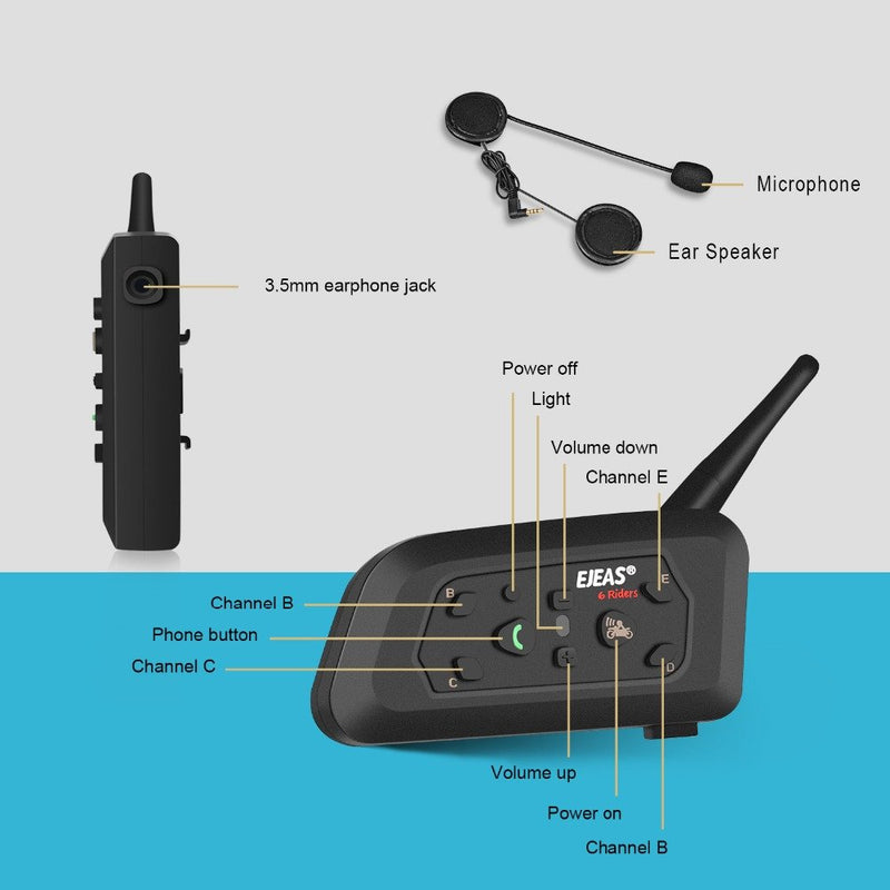  [AUSTRALIA] - EJEAS V6 Motorcycle Helmet Bluetooth Intercom Full Duplex 1200M BT Interphone Headset Water Resistant Communication System for 6 Riders (Single) EJEAS V6 1PCS