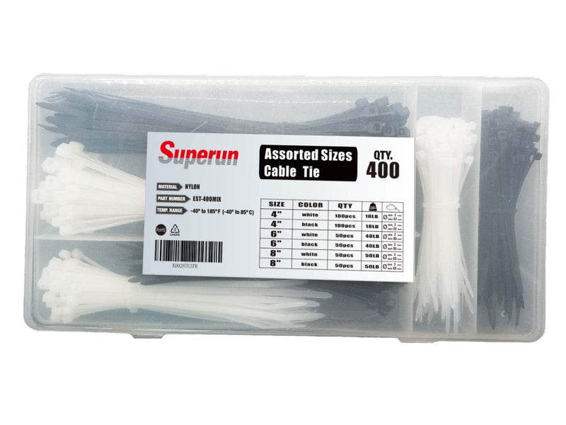  [AUSTRALIA] - Superun Zip Tie Kit - 400 Piece Zip Ties Assorted Sizes 4 Inch, 6 Inch, 8 Inch Mix Pack in Black & White Wire Ties assortment