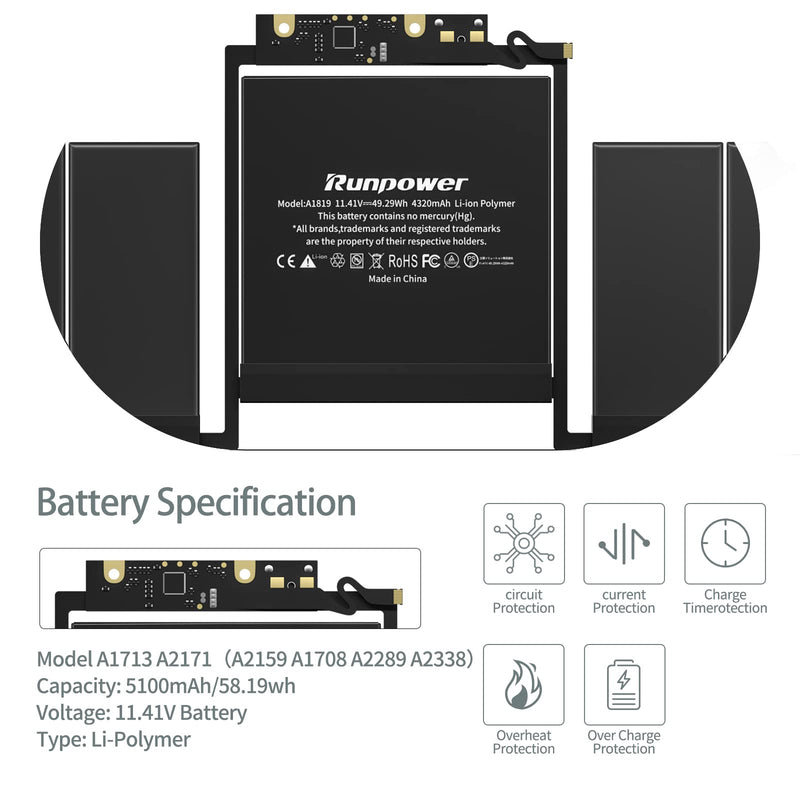  [AUSTRALIA] - A1708 Battery,Runpower A1713 A2171 Replacement Laptop Battery is Compatible with MacBook Pro 13 inch A1708(Late 2016, mid 2017) A2159 (2019) A2289 A2338 (2020) Battery 11.41V 58.19WH 5100mAh