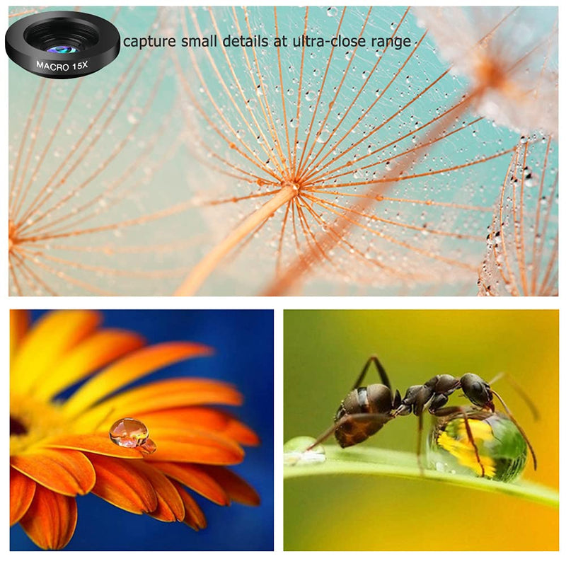  [AUSTRALIA] - Phone Camera Lens Kit, 11 in 1 Cellphone Lens Kit for iPhone and Android, 0.63X Wide Angle+15X Macro+ 198°Fisheye+Telephoto+CPL/Flow/Radial/Star/Soft Filter+Kaleidoscope Lens 11 in 1 Lens Kit