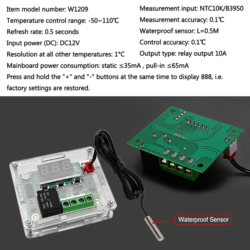  [AUSTRALIA] - VooGenzek Pack of 2 W1209 Temperature Controller Module with Housing, 12V DC Micro Digital Thermostat -50-110°C Electronic Temperature Temp Control Module Switch, with NTC Sensor Probe (Red & Blue) Temperature Controller with Housing