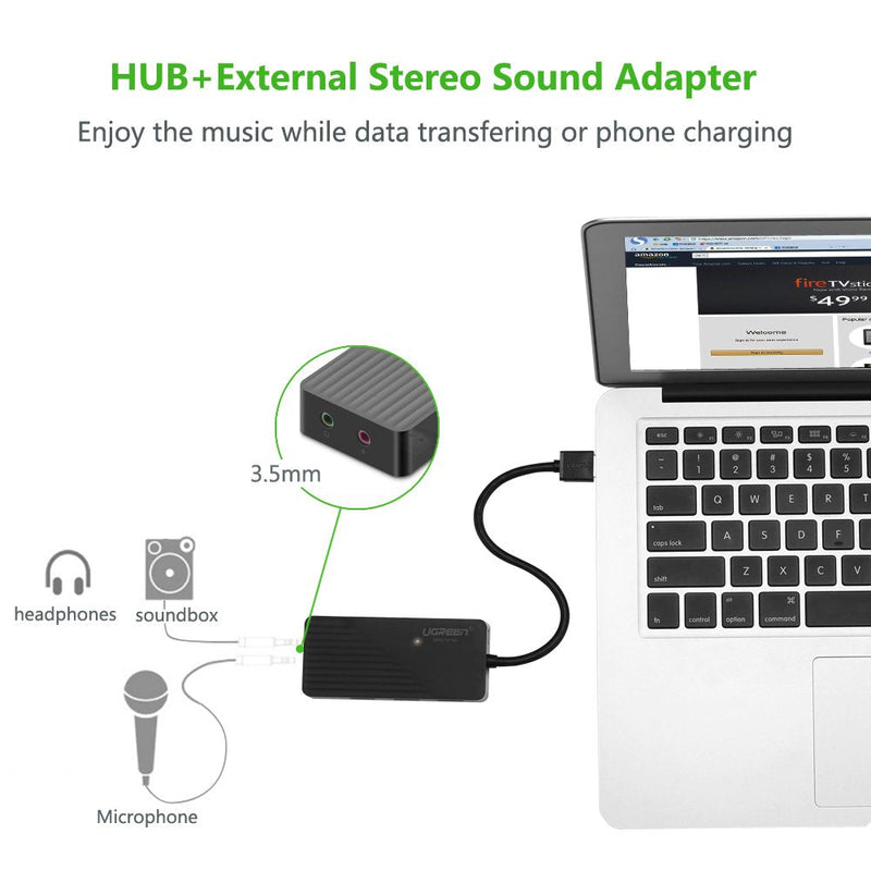  [AUSTRALIA] - UGREEN USB 3.0 Hub 3 Ports USB Sound Card 2 in 1 External Stereo Audio Adapter 3.5mm with Headphone and Microphone 5Gbps High Speed for Mac OS Windows Linux iMac MacBook Mac Mini PCs Tablets