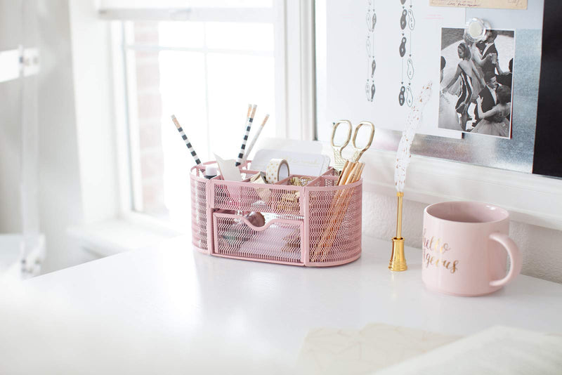 Pink Desk Organizer - Girlie Desk Accessories - Strong Metal Construction - Office Supply Storage for Home or Office - Desk Organizer Pink - Light Pink Desk Accessories - LeoForward Australia