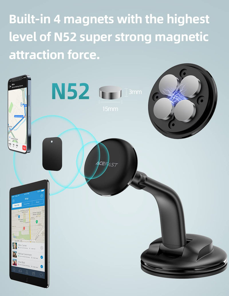  [AUSTRALIA] - ACEFAST Magnetic Phone Car Mount, Universal Phone Car Holder Low Installation Height Built-in Four N52 Super Strong Magnets Large Sticky Base Suction Cup Dashboard Windshield Flexible Installation
