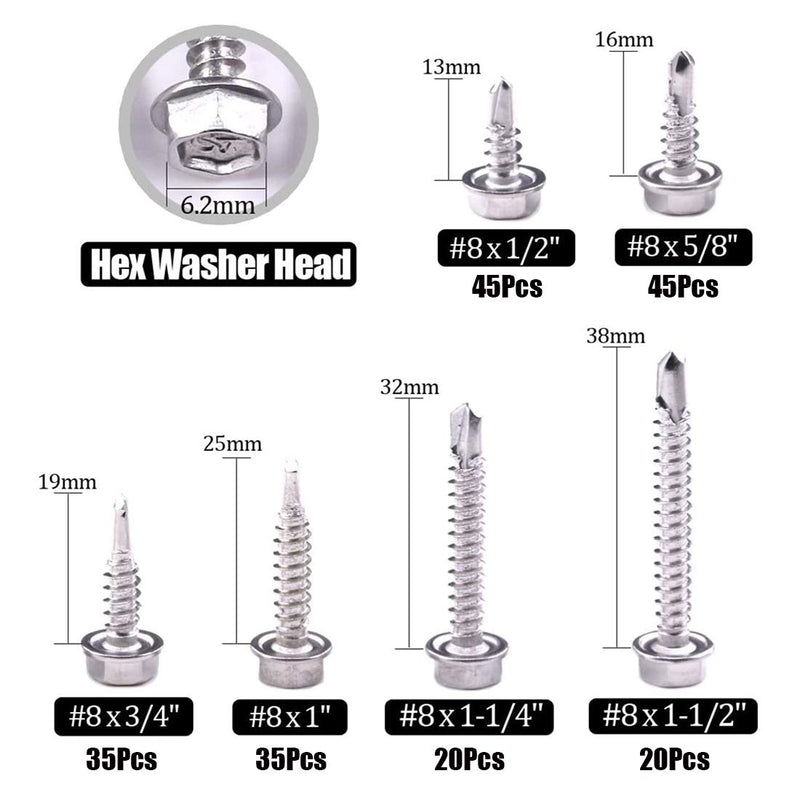  [AUSTRALIA] - Hilitchi 410 Stainless Steel #8 Hex Washer Head Self Drilling Sheet Metal Tek Screws Assortment Kit Set with Drill Point, Self Driller, 200 Pieces