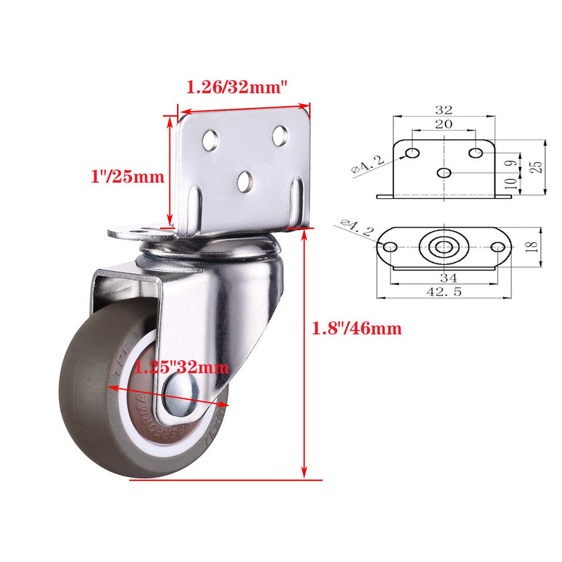  [AUSTRALIA] - AONMTOAN 1.25 Inches L-Shaped Plate Swivel Caster, with Brake TPE Rubber Caster, Side Mount casters for Loading Capacity 120 Lbs Suitable for Flower Stand, Furniture, Bookshelf,Set of 4