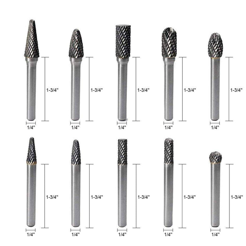 Carbide Burr Set JESTUOUS 1/4 Inch Shank Diameter Double Cut Solid Tungsten Cutting Burrs Rotary Files Bits for Die Grinder Metal Grinding Woodworking Drilling Carving,10pcs - LeoForward Australia