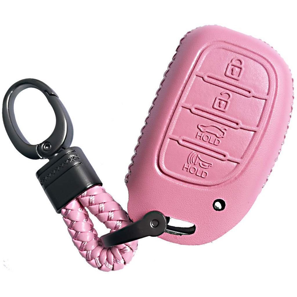  [AUSTRALIA] - Leather 4Btns Smart Key Fob Cover Case Remote Jacket Protector Fits for 2016 2017 2018 2019 2020 2021 Hyundai Tucson Elantra Sonata (NOT FIT Flip/Pop Out/Folding key） Pink