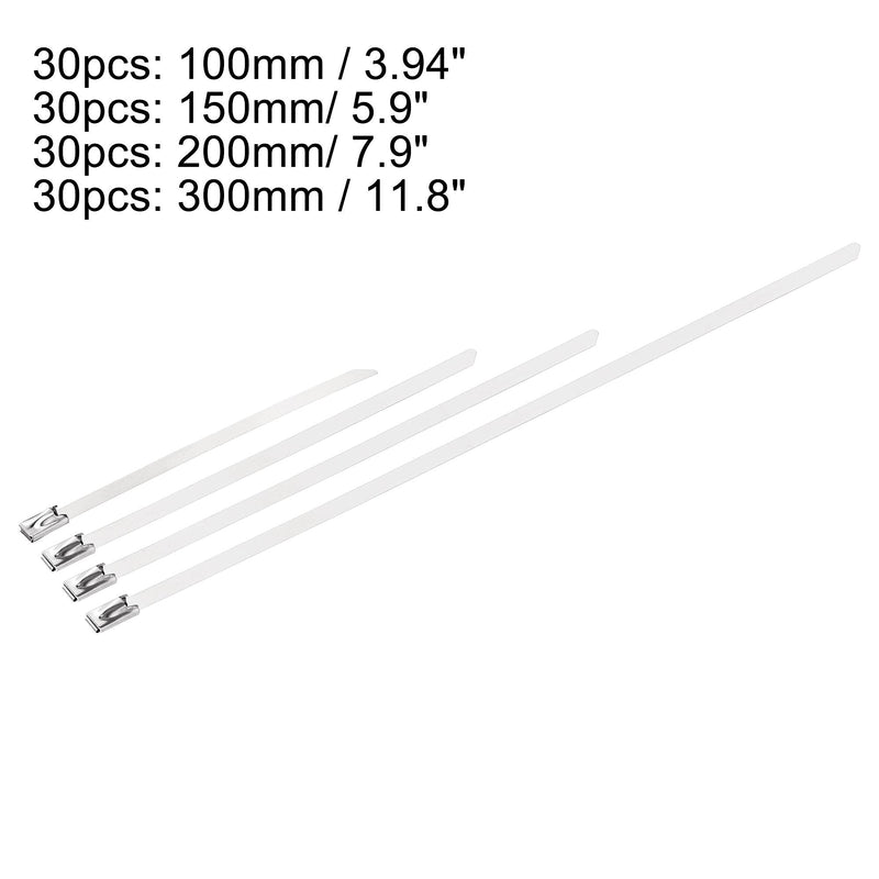  [AUSTRALIA] - uxcell 304 Stainless Steel Cable Zip Ties, 3.94" 5.9" 7.9" 11.8" Length, 0.18" Width, Self Locking Multi-Purpose Strap, 120pcs (Set)