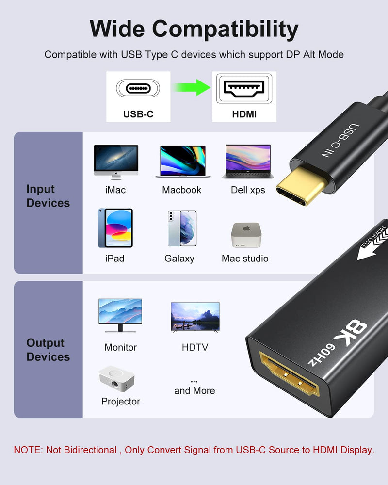  [AUSTRALIA] - AGFINEST Type-c to HDMI Adapter 8k, USB C to HDMI 2.1 Adapter, Unidirectional, Supports 8K 60Hz and 4K 144Hz with HDR and DSC, Thunderbolt 4/3 Compatible, for HDTVs Projectors and Monitors