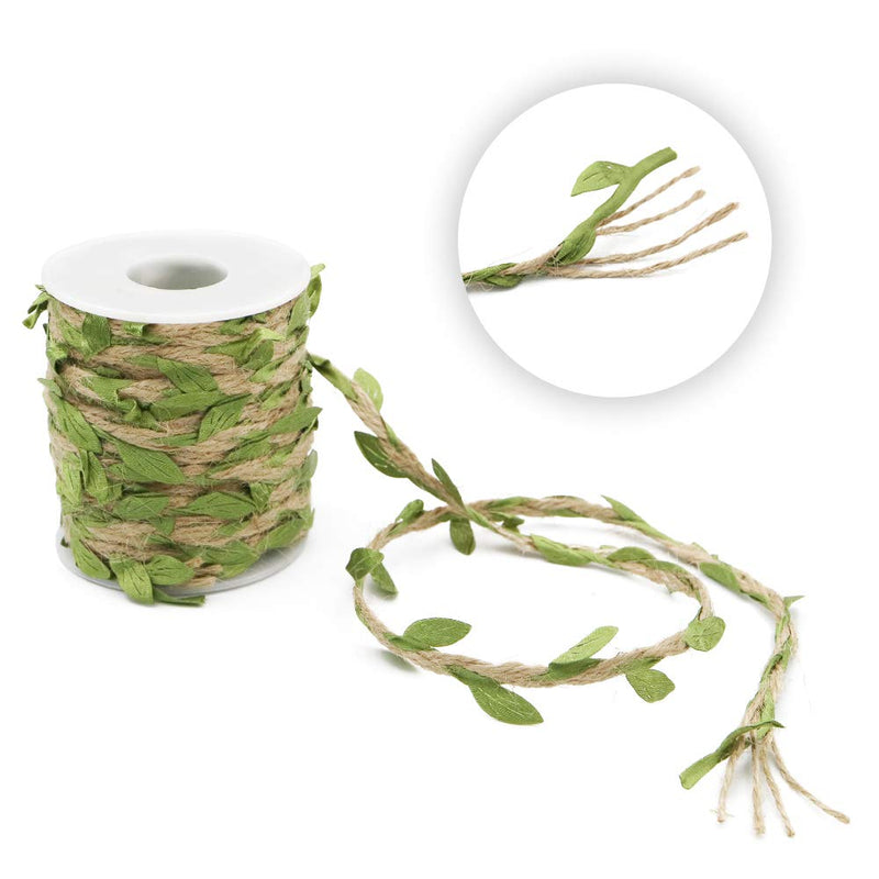  [AUSTRALIA] - 66 Feet Jute Burlap Vine Twine with Artificial Leaves Garland,5MM Natural Jute Twine for Jungle Vines Wedding Home Decor (Green Leaves) Green