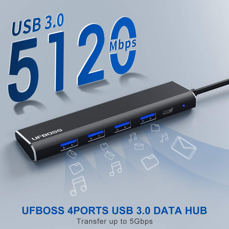 USB Hub, UFBOSS 4 Ports USB 3.0 Data Hub, Aluminum USB Hub with 4 5Gbps USB Ports/Charging Port - Compatible with iMac Pro, MacBook Air, Mac Mini/Pro, Notebook PC (Black) (Black) - LeoForward Australia