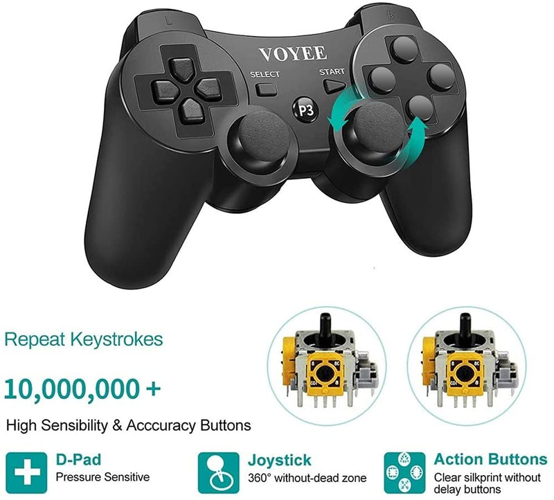  [AUSTRALIA] - VOYEE Controller Compatible with PS-3 Controller, Wireless Move/Motion Gamepad with Upgraded Joystick, Double Shock Compatible with Play-Station 3 (Black)