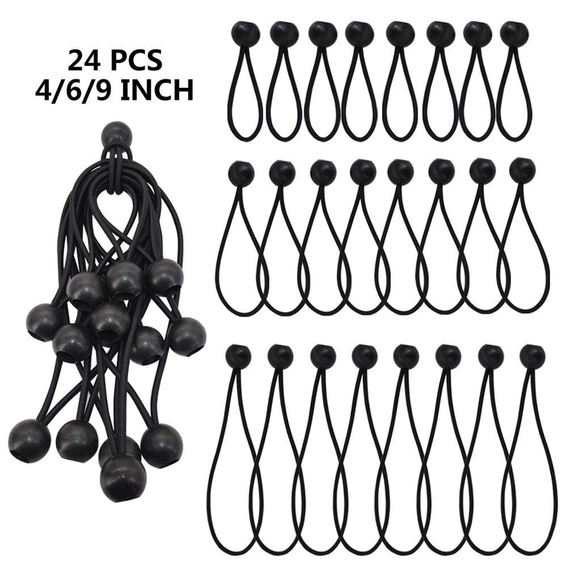  [AUSTRALIA] - Ball Bungee Cords,Tent Fix Rope,4 Inches,6 Inches,9 Inches Heavy Duty Bungee Cords for Tiebacks for Curtains 24 Piece
