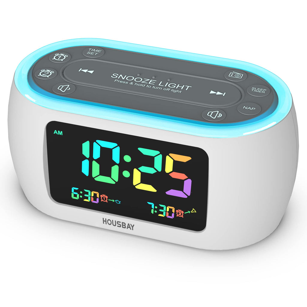  [AUSTRALIA] - Housbay Glow Small Colorful Alarm Clock Radio with Rainbow Digit, 7 Color Night Light with ON/Off Options, Dual Alarm, Dimmer, FM Radio with SleepTimer for Bedrooms White