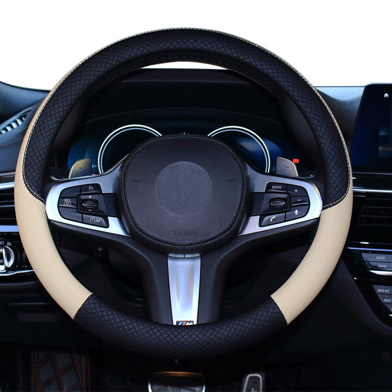  [AUSTRALIA] - SHIAWASENA Car Steering Wheel Cover, Leather, Universal 15 Inch Fit, Anti-Slip & Odor-Free (Black&Beige) Black&Beige