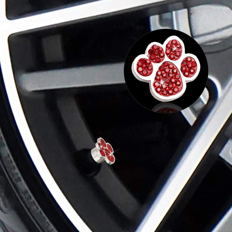 SAVORI Paw Valve Stem Caps Car Accessories Bling Handmade Crystal Rhinestone Universal Tire Valve Dust Caps 4 Pack fit for Car Auto SUV Truck Bike Wheels (Red) Red - LeoForward Australia