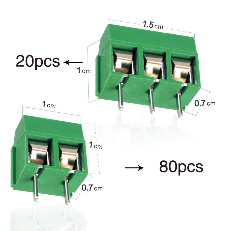  [AUSTRALIA] - YIXISI 100 pieces 5 mm 2 pin / 3 pin PCB mount screw terminal block, screw terminal connector, for Arduino (2 pin-80, 3 pin-20) green 2P + 3P