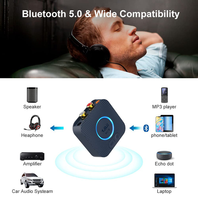  [AUSTRALIA] - 1Mii Bluetooth 5.0 Receiver for Home Stereo, HiFi Wireless Adapter Audio with Aptx HD 3D Surround, 3.5mm AUX/RCA Out, 15hrs Playtime for Wired Speakers or Home Streaming Music System- B06HD Aptx-HD