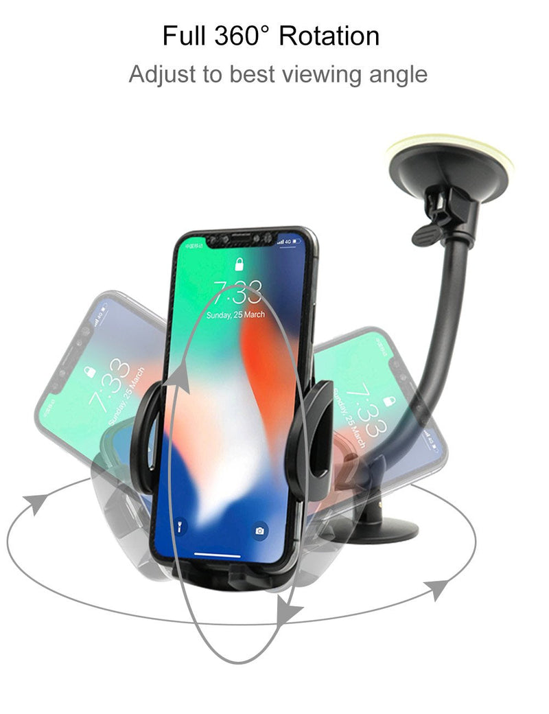  [AUSTRALIA] - Car Windshield Phone Holder Mount, EXSHOW Universal Car Window Cell Phone Truck Mount with Gooseneck Long Arm Super Suction Cup for iPhone 12 11 Xr Xs Max X 8 Plus 7 6S, Samsung and All 3.5-6.5" Phone