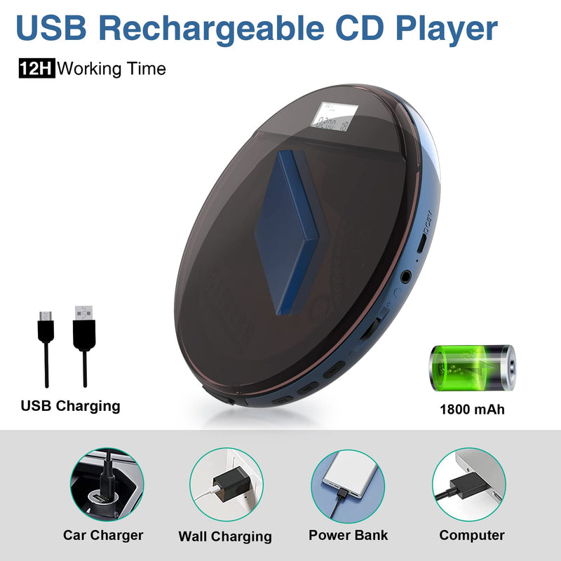  [AUSTRALIA] - CD Player Portable, MONODEAL Portable CD Player for Car Anti-Skip Protection, Rechargeable Walkman CD Player with Headphones for Running & Traveling, Personal Compact CD Player for Seniors, Adult,Kids