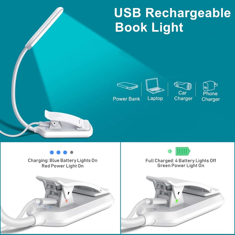  [AUSTRALIA] - 9 LED Book Light, USB Rechargeable Reading Light, Stepless Dimming -3 Colortemperature × 3 Brightness, Power Indicator, for Bookworms, Kids & Travel (White)