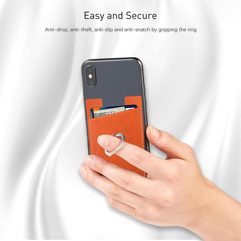  [AUSTRALIA] - Phone Card Holder with Phone Ring, Ring Wallets Combine a Finger Grip, Phone Ring Stand & Credit Card Sleeve into Thin Phone Wallets Stick On Universal to Any Cell Phone - Orange Leather