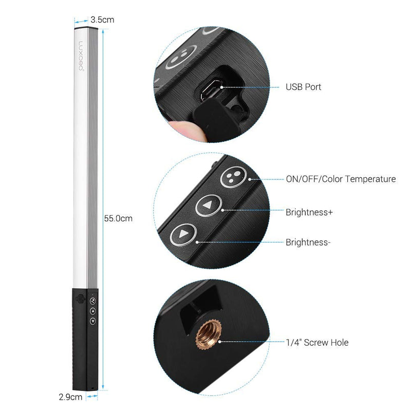  [AUSTRALIA] - LUXCEO RGB LED Photography Lighting Portable Wand Handheld LED Video Light 1000 Lumens CRI 95+ USB Rechargeable with Remote Control, Carry Bag, Adjustable Color Temperature 3000K-6000K and 36 Colors