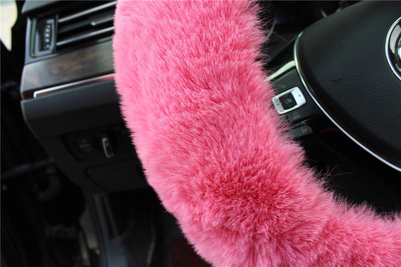  [AUSTRALIA] - Valleycomfy Winter Warm Faux Wool Steering Wheel Cover with Handbrake Cover Gear Shift Cover Set Universal 15 Inch 1 Set 3 Pcs, Pink