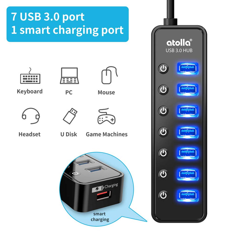  [AUSTRALIA] - Powered USB Hub 3.0, Atolla 7-Port USB Data Hub Splitter with One Smart Charging Port and Individual On/Off Switches and 5V/4A Power Adapter USB Extension for MacBook, Mac Pro/Mini and More.