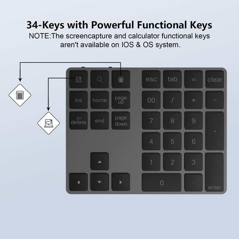  [AUSTRALIA] - Bluetooth Number Pad 34 Keys, Slim Bluetooth Numeric Keypad Wireless Numpad, Bluetooth Keypad for Laptop, MacBook, iPad, iMac
