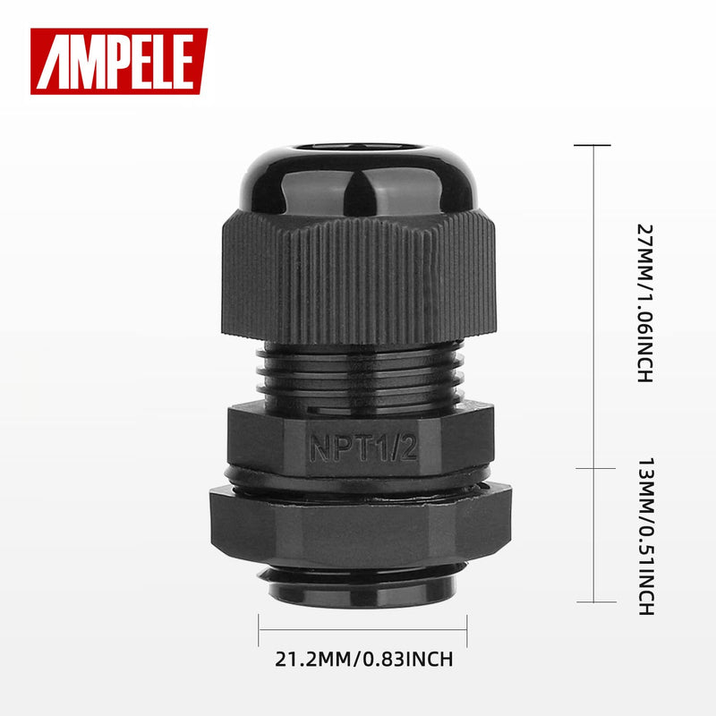  [AUSTRALIA] - AMPELE 20 Pack 1/2'' NPT Cable Gland Waterproof Adjustable 6-12mm/0.24-0.47inch Nylon Cable Glands Joints with Gaskets (1/2", 20 Pack) 1/2'' (20-Pack)