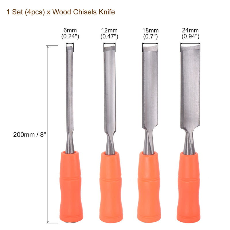  [AUSTRALIA] - uxcell Wood Chisels Set, 6mm 12mm 18mm 24mm Chrome Plated 45# Carbon Steel Inside Cutting Edge Carving Woodworking Tool 200mm (8-Inch) Length with ABS Plastic Handle, 4pcs