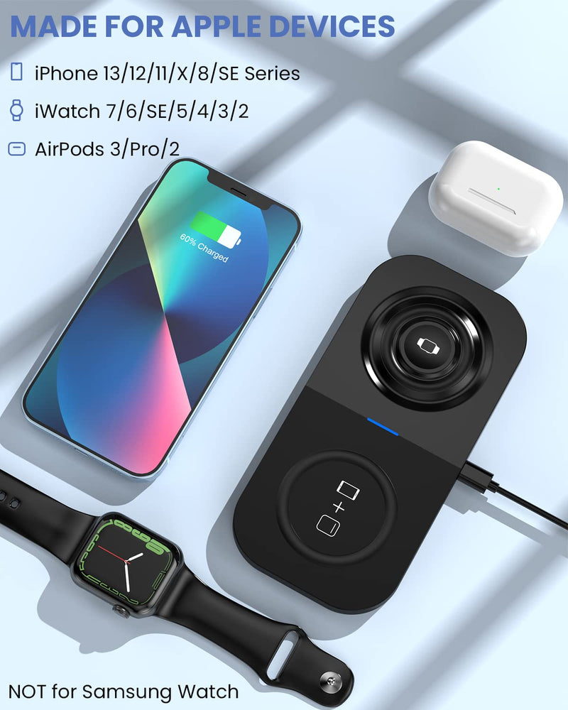  [AUSTRALIA] - Dual Wireless Charger for iPhone and Watch, Duo Charging Pad for iWatch 8/7/6/SE/5/4/3/2, iPhone 14/13/12/11/X/8/SE Series, 2 in 1 Certified Charging Station for AirPods 3/Pro/2 Black For iPhone+iWatch